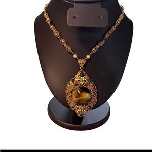 Vintage Art Glass & Green Rhinestone Filigree Necklace - Western Germany Rare